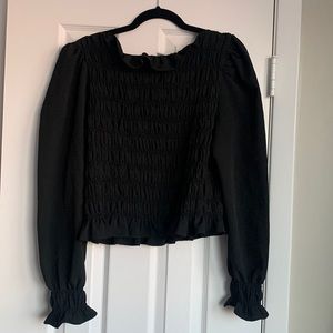 Black Ruched and Ruffle Puff Long Sleeve Top